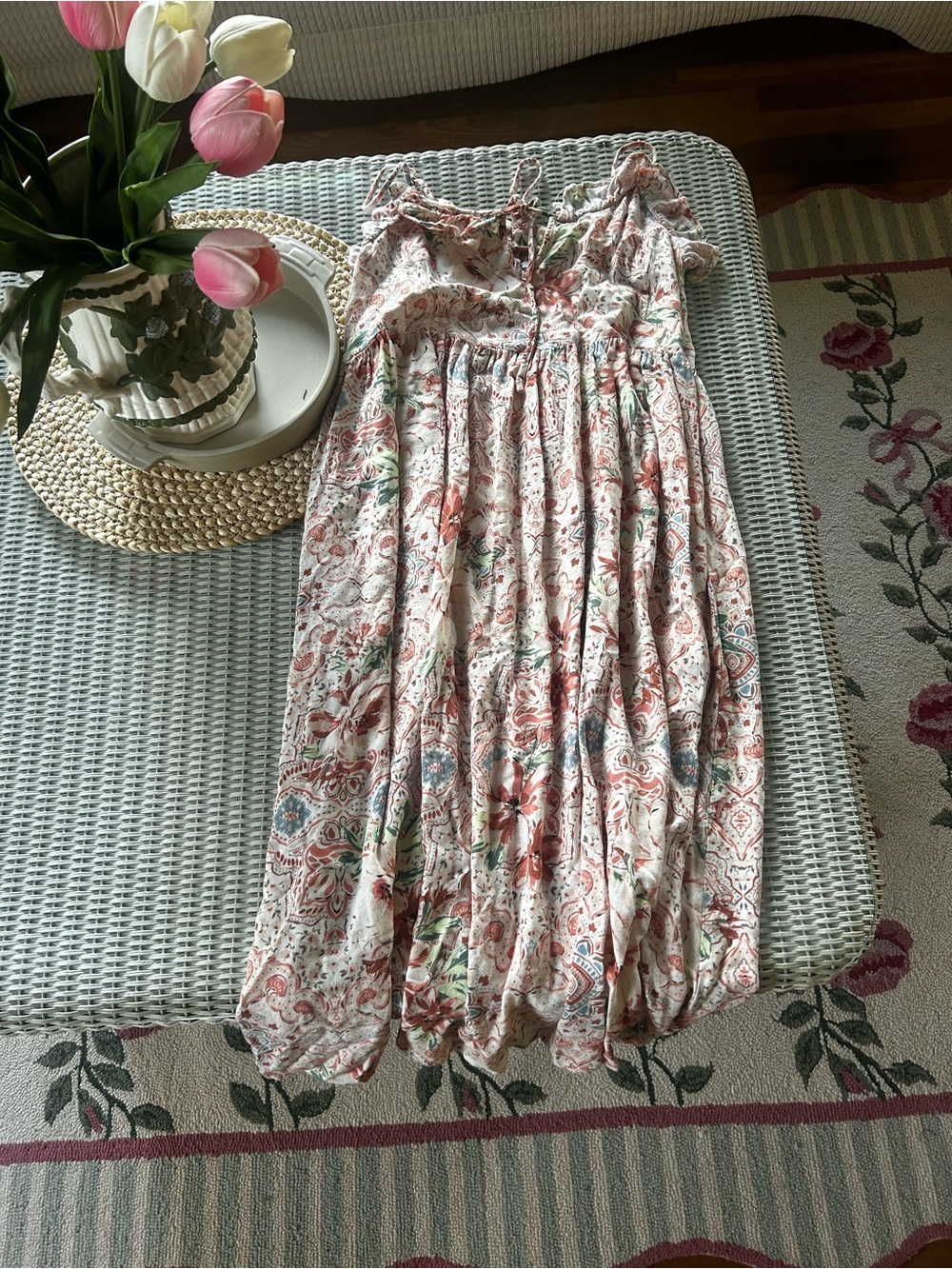 O'Neill White Floral Tie-Shoulder Sundress with Pink & Green Accents